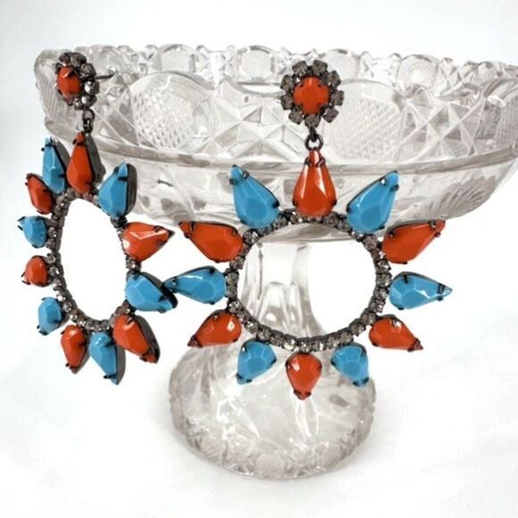 Kenneth Jay Lane Womens Large Circle Crystal Drop Dangle Earring Turquoise Coral - Picture 5 of 12